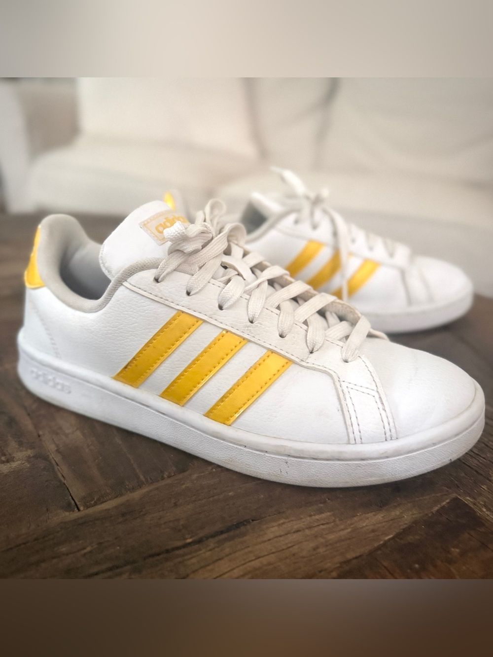 adidas Grand Court White Sneakers with Yellow Three-Stripes